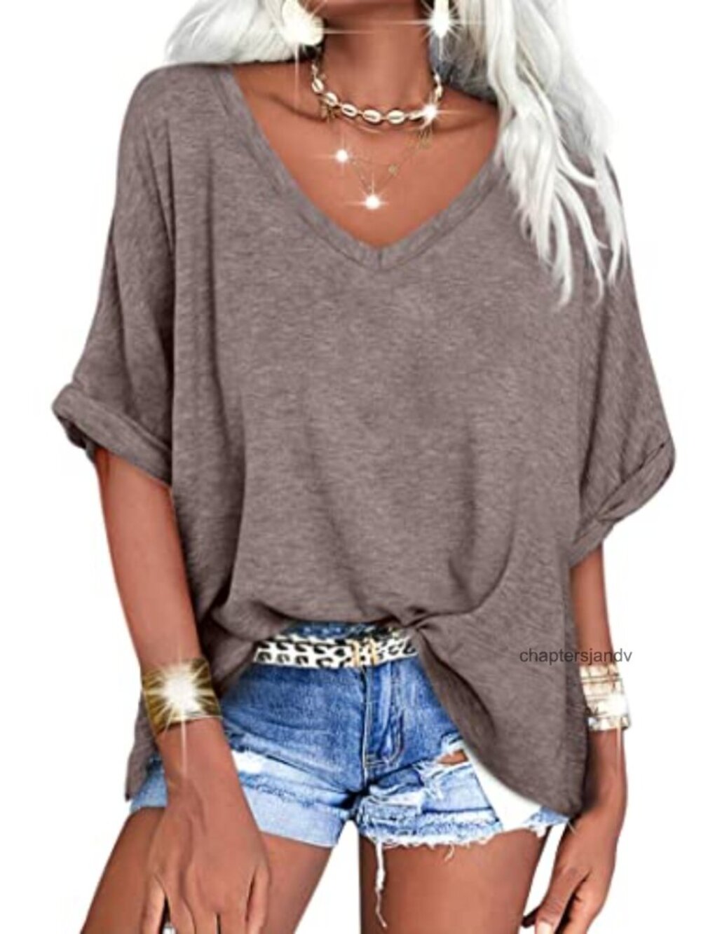 Women's Oversized V-Neck T-Shirt Short Sleeve Lightweight Summer Blouse